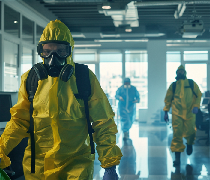 Men in hazmat suits cleaning an office